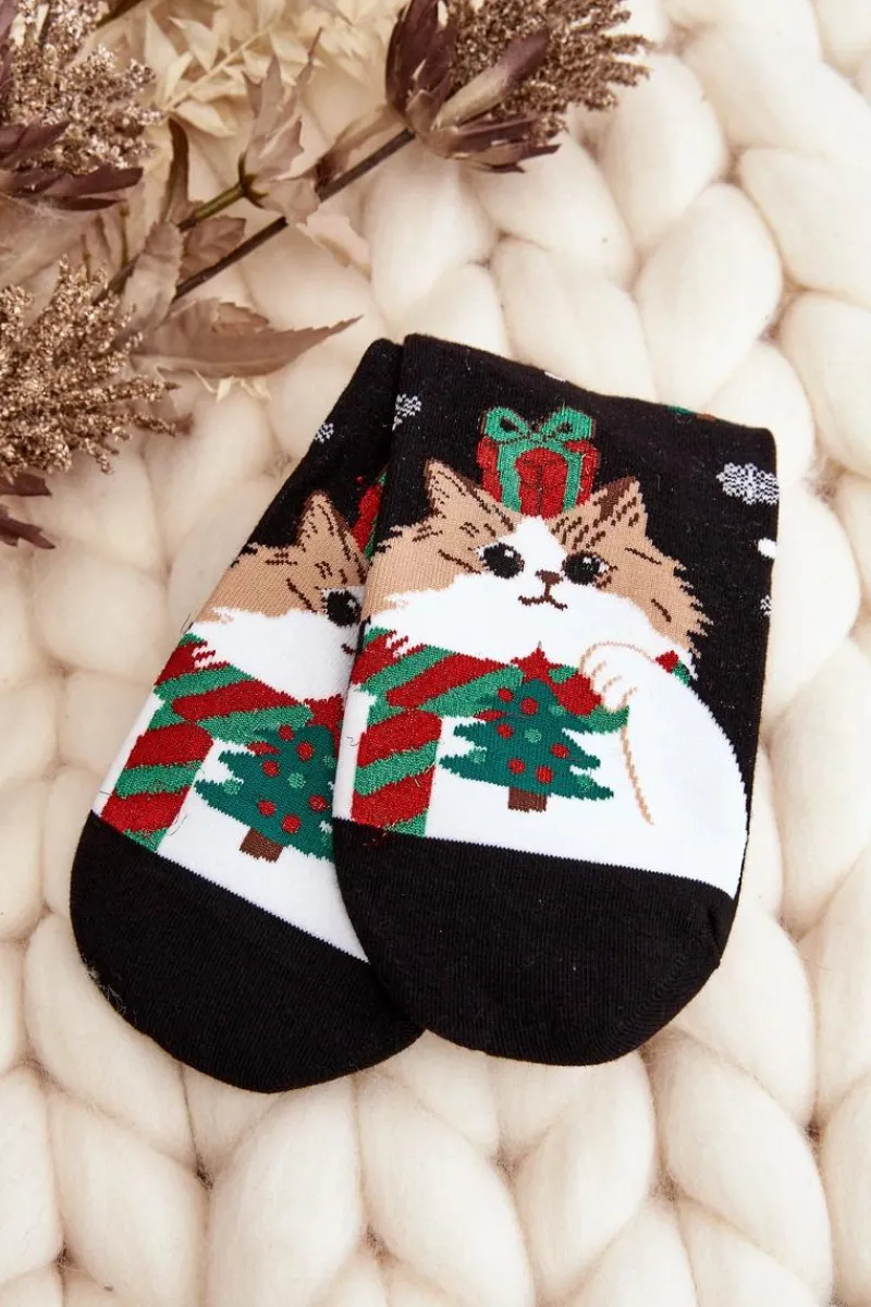 Online Damskie Świąteczne Skarpety Z Kotkiem Czarne Skarpetki|Skarpetki