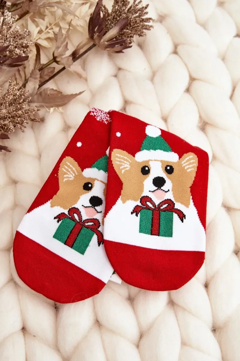 Online Aura.via Damskie Świąteczne Skarpety Z Pieskiem Czerwone