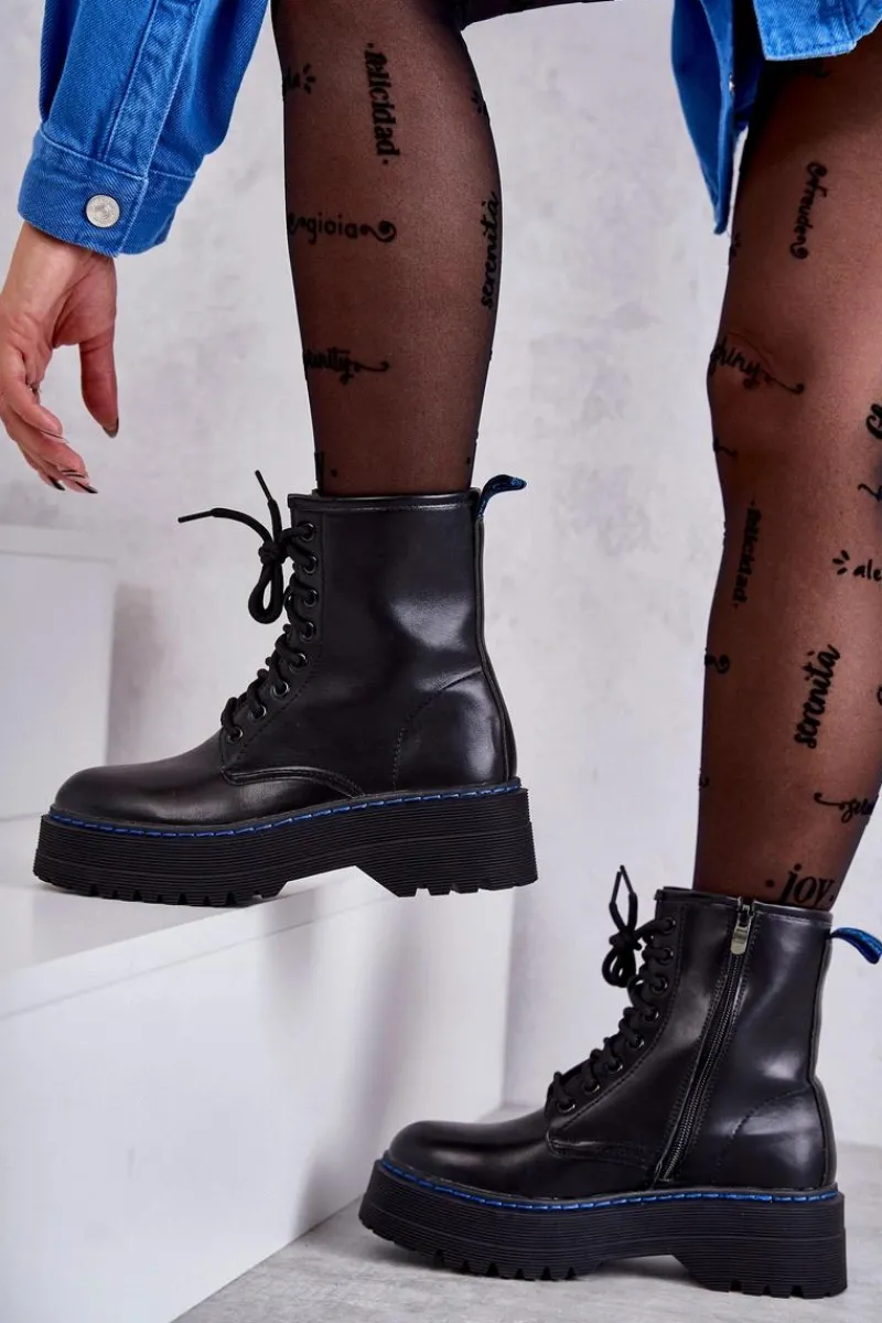 Online Damskie Wiązane Botki Glany Czarne Callie Damskie Botki Sznurowane|Czarne Botki