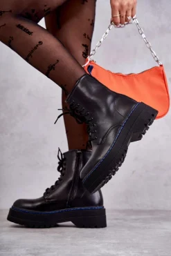 Online Damskie Wiązane Botki Glany Czarne Callie Damskie Botki Sznurowane|Czarne Botki