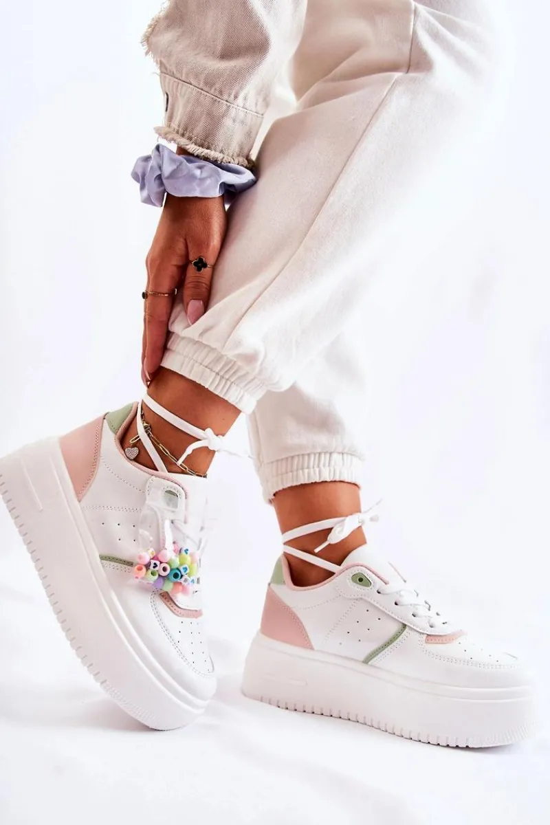 Sale Damskie Wiązane Buty Sportowe Sneakersy Biało-Różowe Manila Damskie Sneakersy Damskie