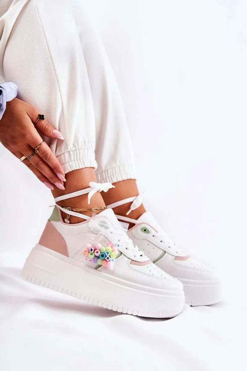 Sale Damskie Wiązane Buty Sportowe Sneakersy Biało-Różowe Manila Damskie Sneakersy Damskie
