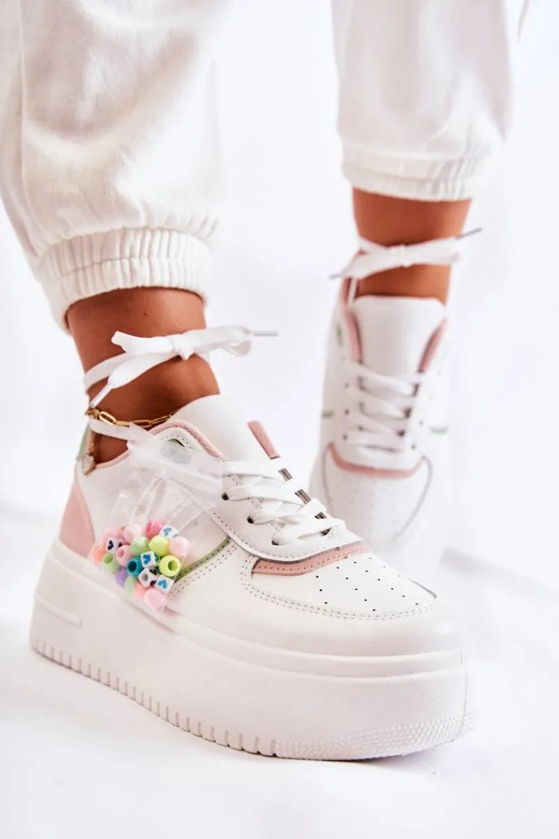 Sale Damskie Wiązane Buty Sportowe Sneakersy Biało-Różowe Manila Damskie Sneakersy Damskie