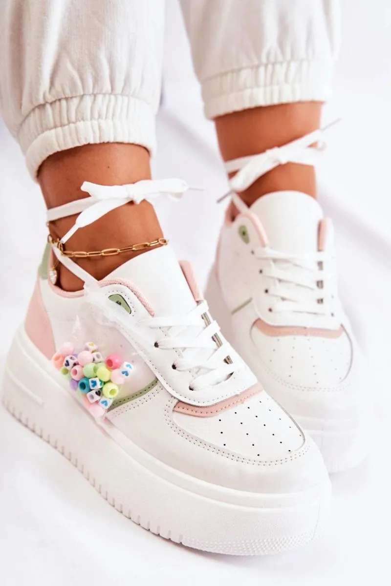 Sale Damskie Wiązane Buty Sportowe Sneakersy Biało-Różowe Manila Damskie Sneakersy Damskie