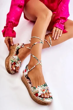 Hot Boto Damskie Wiązane Sandałki Espadryle W Kwiaty Białe Lamour
