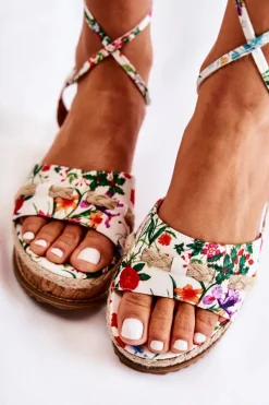 Hot Boto Damskie Wiązane Sandałki Espadryle W Kwiaty Białe Lamour