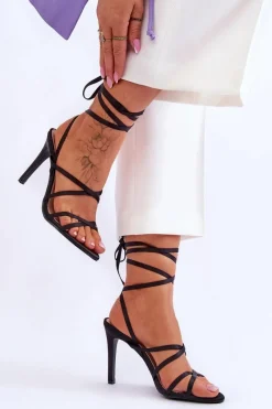 Best Boto Damskie Wiązane Sandałki Na Szpilce Czarne Meya