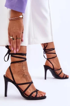 Best Boto Damskie Wiązane Sandałki Na Szpilce Czarne Meya