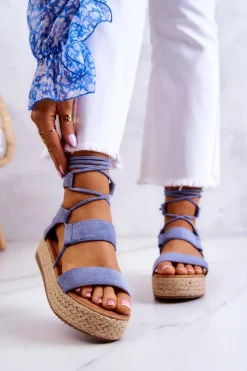 Sale Boto Damskie Wiązane Sandały Na Platformie Niebieskie Amrillo