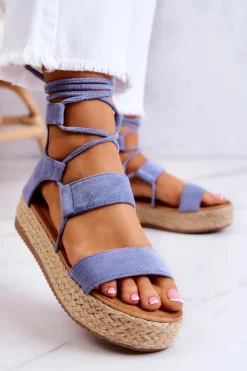 Sale Boto Damskie Wiązane Sandały Na Platformie Niebieskie Amrillo