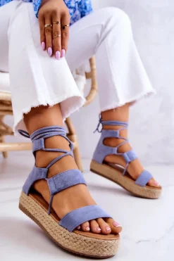 Sale Boto Damskie Wiązane Sandały Na Platformie Niebieskie Amrillo