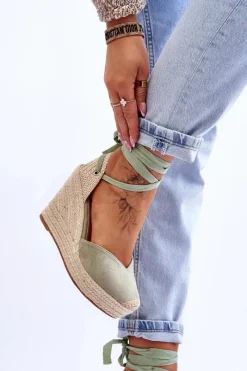 New Boto Damskie Wiązane Sandały Na Koturnie Zielone Bethany