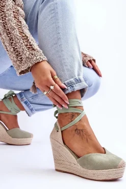 New Boto Damskie Wiązane Sandały Na Koturnie Zielone Bethany