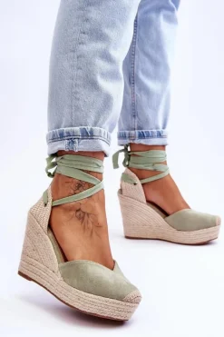 New Boto Damskie Wiązane Sandały Na Koturnie Zielone Bethany