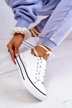 Trampki Damskie Niskie></noscript>Damskie buty S.Barski Damskie Wiązane Tenisówki Białe Menifee