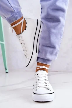 Trampki Damskie Niskie></noscript>Damskie buty S.Barski Damskie Wiązane Tenisówki Białe Menifee