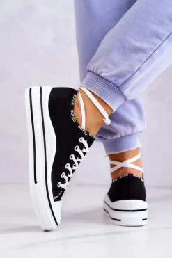 Best Damskie buty S.Barski Damskie Wiązane Tenisówki Czarne Menifee Czarny