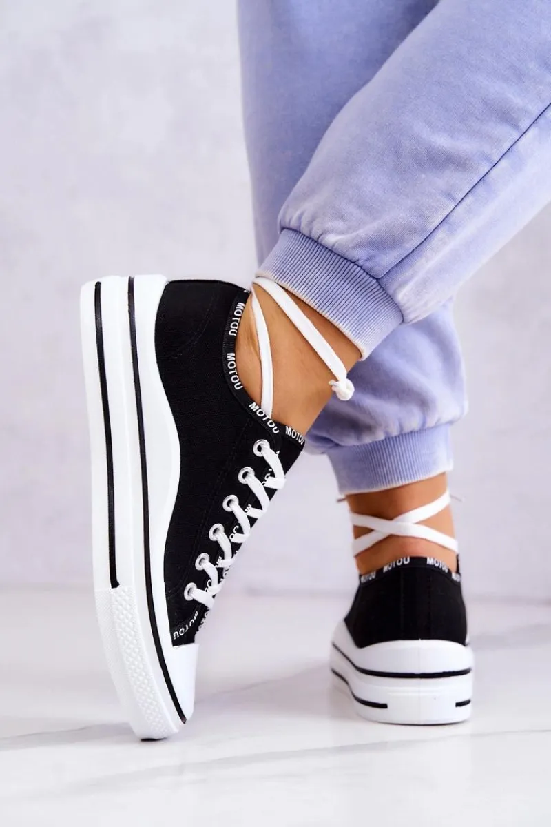 Best Damskie buty S.Barski Damskie Wiązane Tenisówki Czarne Menifee Czarny