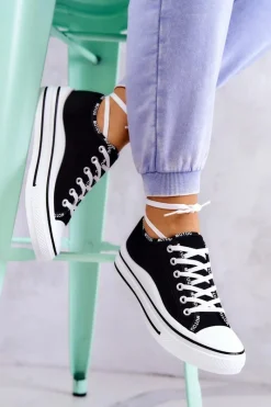 Best Damskie buty S.Barski Damskie Wiązane Tenisówki Czarne Menifee Czarny