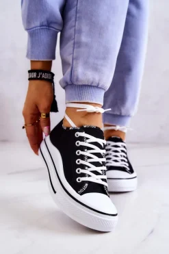 Best Damskie buty S.Barski Damskie Wiązane Tenisówki Czarne Menifee Czarny