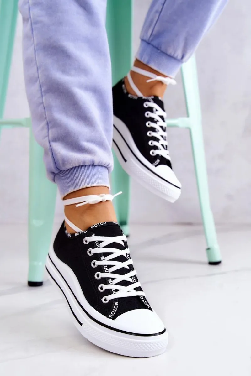 Best Damskie buty S.Barski Damskie Wiązane Tenisówki Czarne Menifee Czarny