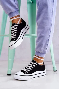 Best Damskie buty S.Barski Damskie Wiązane Tenisówki Czarne Menifee Czarny