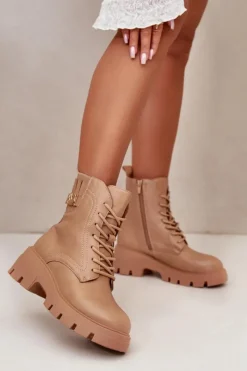 Best Damskie Workery Botki Na Zamek Sznurowane Z Eko Skóry Beżowe Naolani Damskie Botki Sznurowane|Brązowe I Beżowe Botki