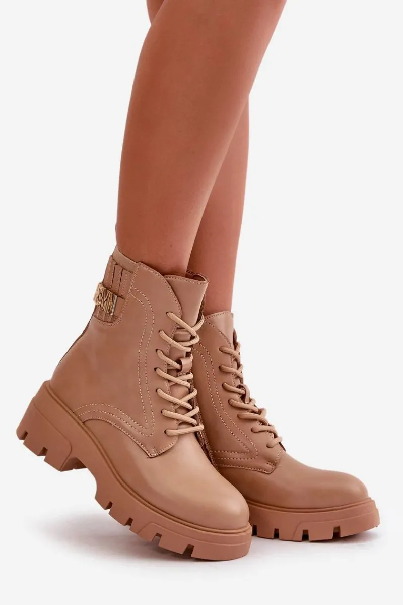 Best Damskie Workery Botki Na Zamek Sznurowane Z Eko Skóry Beżowe Naolani Damskie Botki Sznurowane|Brązowe I Beżowe Botki