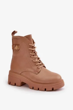 Best Damskie Workery Botki Na Zamek Sznurowane Z Eko Skóry Beżowe Naolani Damskie Botki Sznurowane|Brązowe I Beżowe Botki