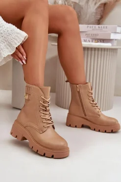 Best Damskie Workery Botki Na Zamek Sznurowane Z Eko Skóry Beżowe Naolani Damskie Botki Sznurowane|Brązowe I Beżowe Botki