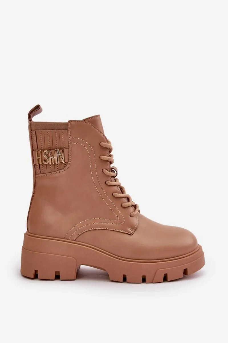 Best Damskie Workery Botki Na Zamek Sznurowane Z Eko Skóry Beżowe Naolani Damskie Botki Sznurowane|Brązowe I Beżowe Botki