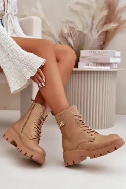 Best Damskie Workery Botki Na Zamek Sznurowane Z Eko Skóry Beżowe Naolani Damskie Botki Sznurowane|Brązowe I Beżowe Botki