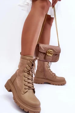 Online Damskie Workery Botki Skórzane Beżowe Faustina Damskie Botki Ocieplane|Botki Sznurowane