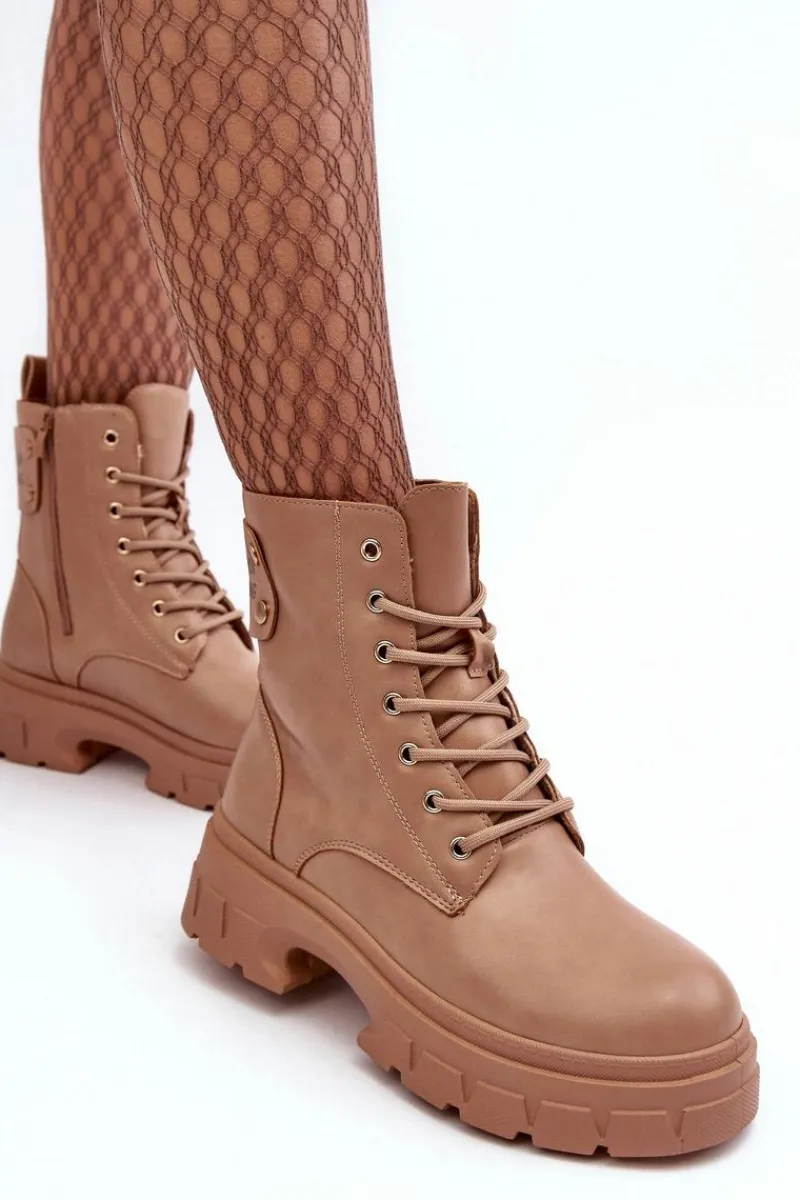 Outlet Boto Damskie Workery Botki Sznurowane Na Płaskim Obcasie Beżowe Brenhile