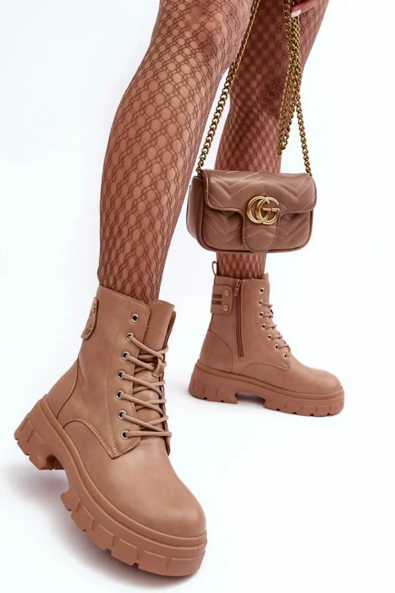 Outlet Boto Damskie Workery Botki Sznurowane Na Płaskim Obcasie Beżowe Brenhile