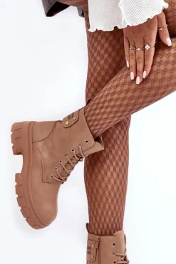 Outlet Boto Damskie Workery Botki Sznurowane Na Płaskim Obcasie Beżowe Brenhile