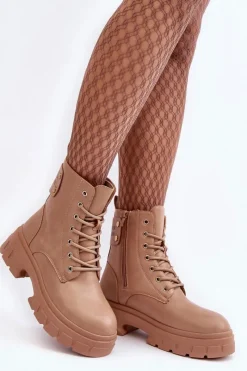 Outlet Boto Damskie Workery Botki Sznurowane Na Płaskim Obcasie Beżowe Brenhile