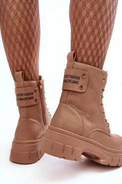 Outlet Boto Damskie Workery Botki Sznurowane Na Płaskim Obcasie Beżowe Brenhile