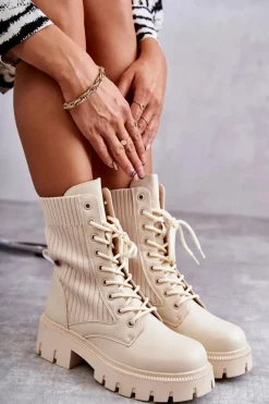 Botki Sznurowane|Brązowe I Beżowe Botki>Boto Damskie Workery Botki Ze Skarpetą Beżowe Abigail