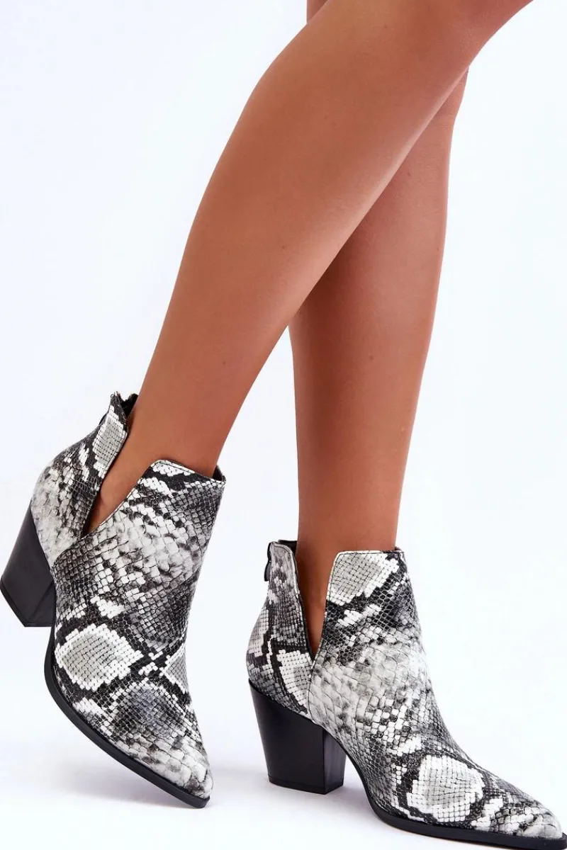 Botki Na Słupku|Botki Na Obcasie>Boto Damskie Wężowe Botki Z Wycięciami Czarno-Białe Caderina