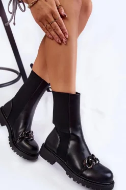 Czarne Botki|Botki Płaskie>Boto Damskie Wsuwane Botki Z Łańcuchem Czarne Maliya