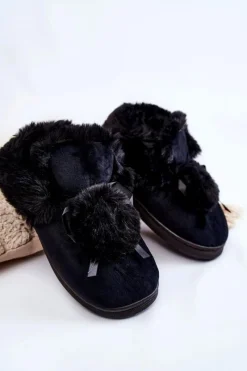 Kapcie Klasyczne>Boto Damskie Wsuwane Futrzane Papcie Z Pomponem Czarne Noemi