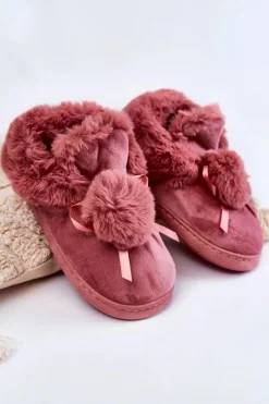 Boto Damskie Wsuwane Futrzane Papcie Z Pomponem Różowe Noemi
