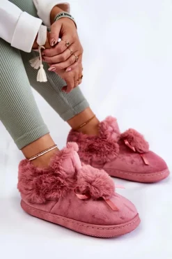 Boto Damskie Wsuwane Futrzane Papcie Z Pomponem Różowe Noemi