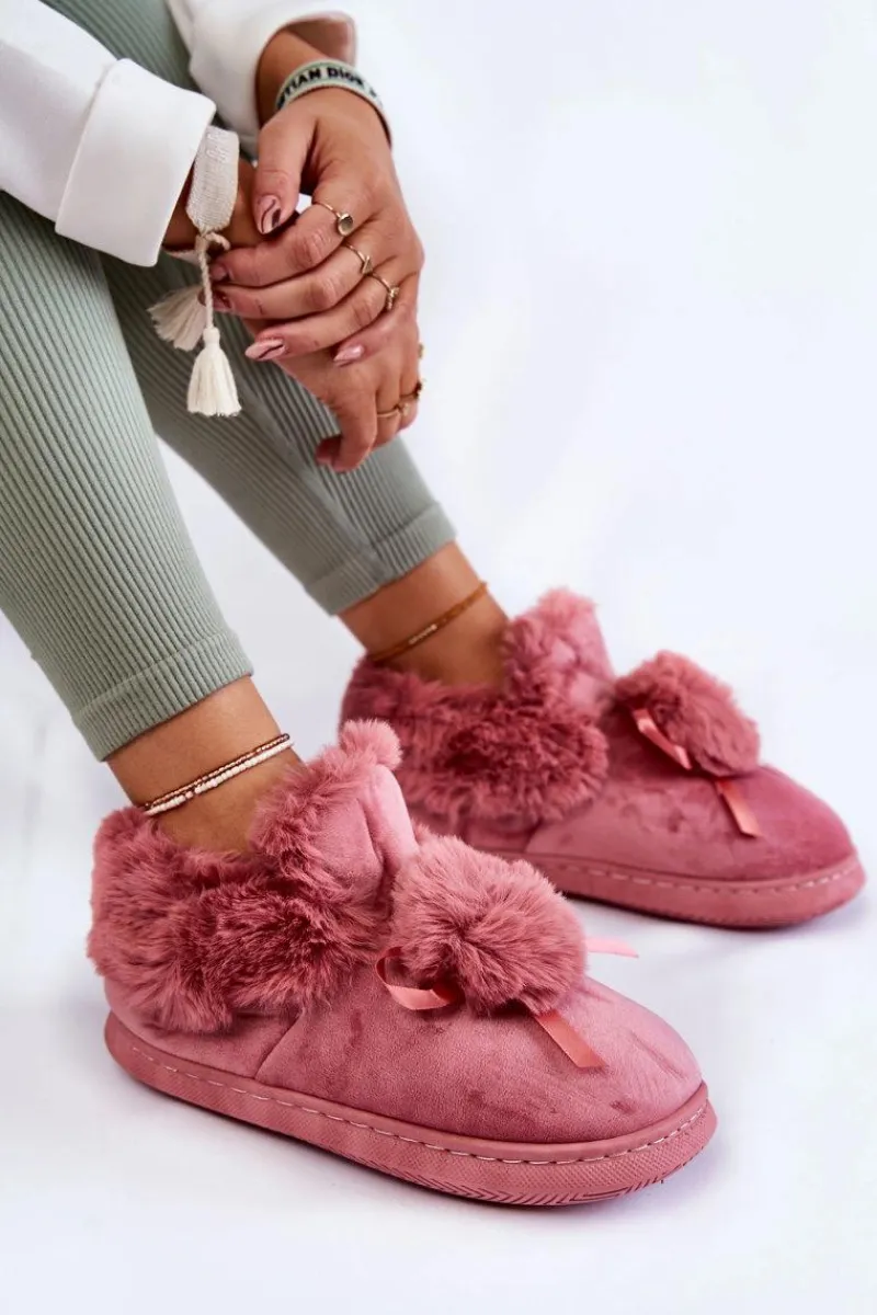 Boto Damskie Wsuwane Futrzane Papcie Z Pomponem Różowe Noemi
