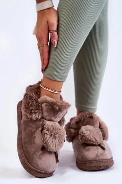 Kapcie Klasyczne>Boto Damskie Wsuwane Futrzane Papcie Z Pomponem Brązowe Noemi