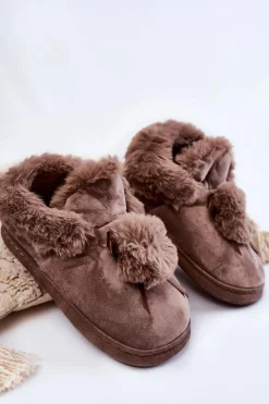 Kapcie Klasyczne>Boto Damskie Wsuwane Futrzane Papcie Z Pomponem Brązowe Noemi