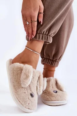 Kapcie Klasyczne>Boto Damskie Wsuwane Futrzane Papcie Beżowe Remmi