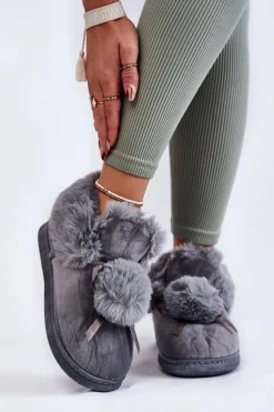 Online Damskie Wsuwane Futrzane Papcie Z Pomponem Szare Noemi Damskie Kapcie Klasyczne
