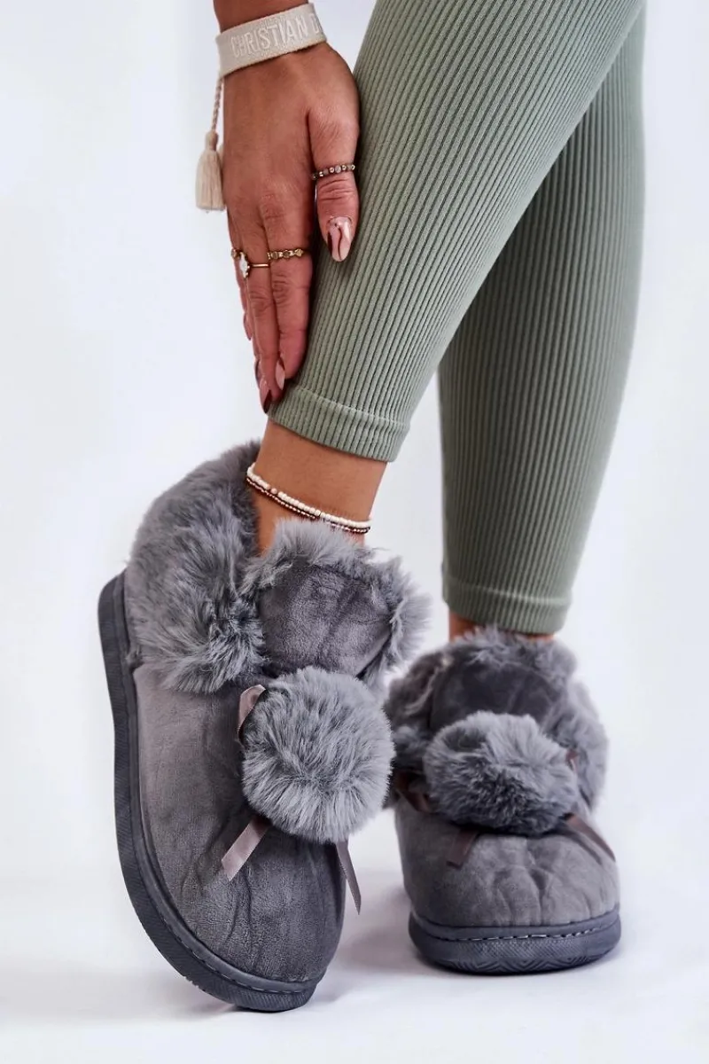 Online Damskie Wsuwane Futrzane Papcie Z Pomponem Szare Noemi Damskie Kapcie Klasyczne